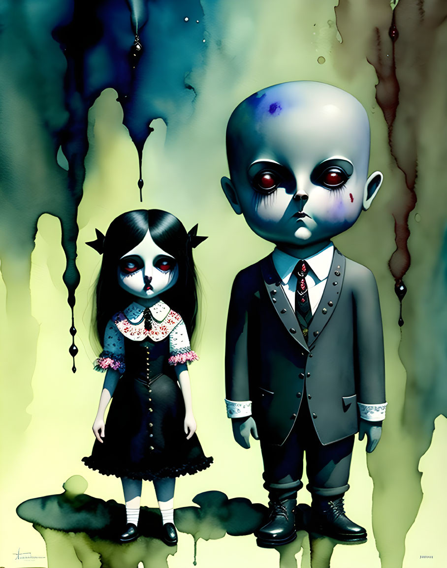 Surreal illustration: stylized characters with oversized heads, girl in black dress, boy in suit