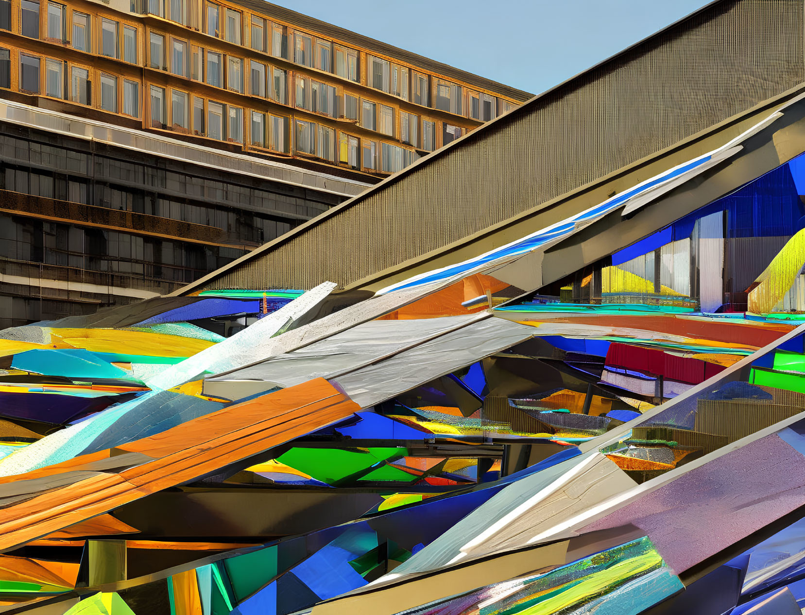 Colorful Geometric Urban Sculpture Against Modern Architecture