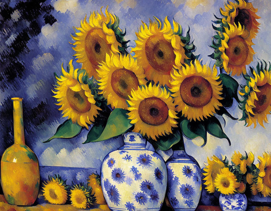 Colorful sunflower painting with blue vase on table - yellow and brown hues.