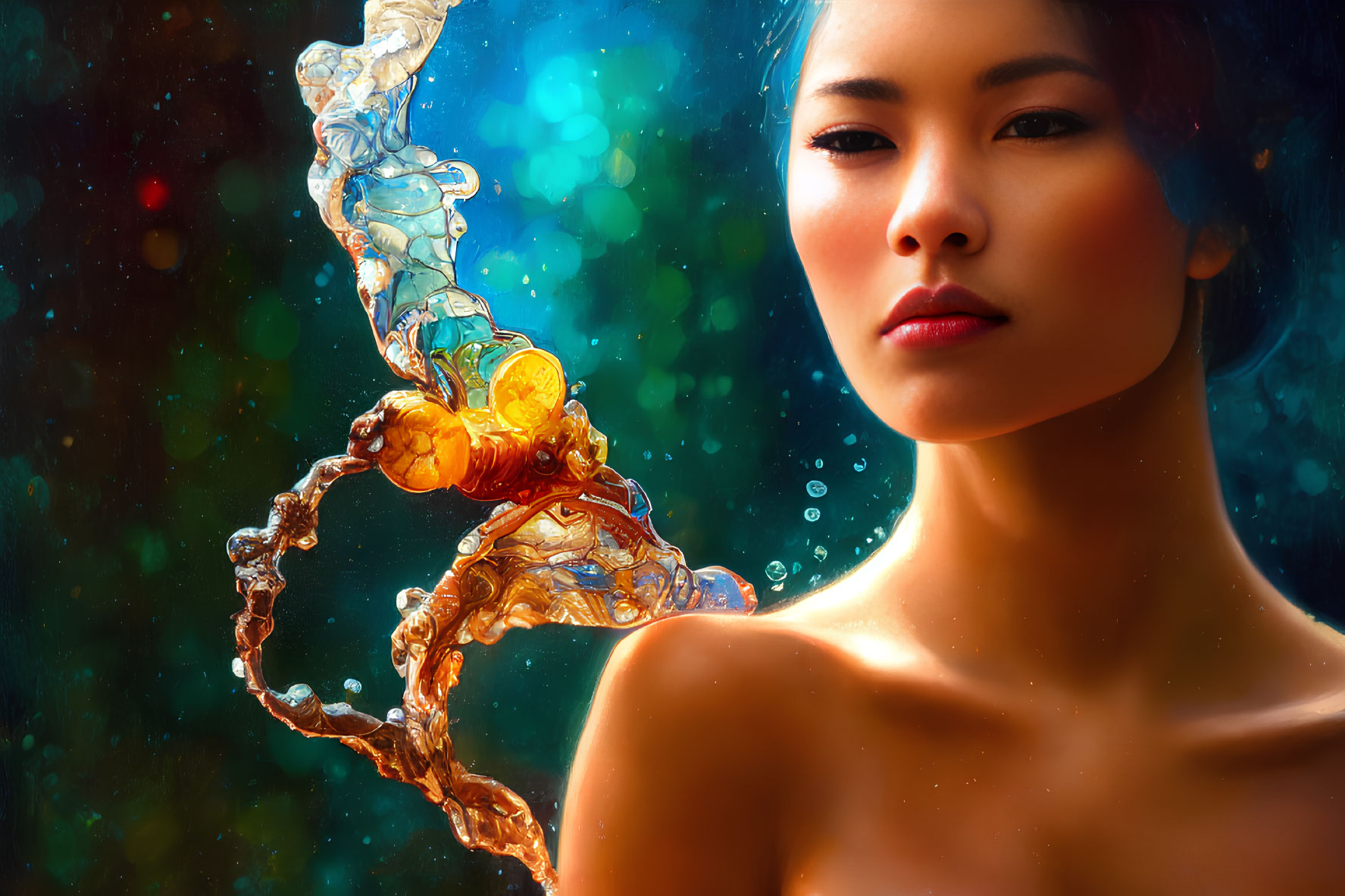 Woman with subtle makeup in front of vibrant bokeh-lit backdrop with swirling water illustration