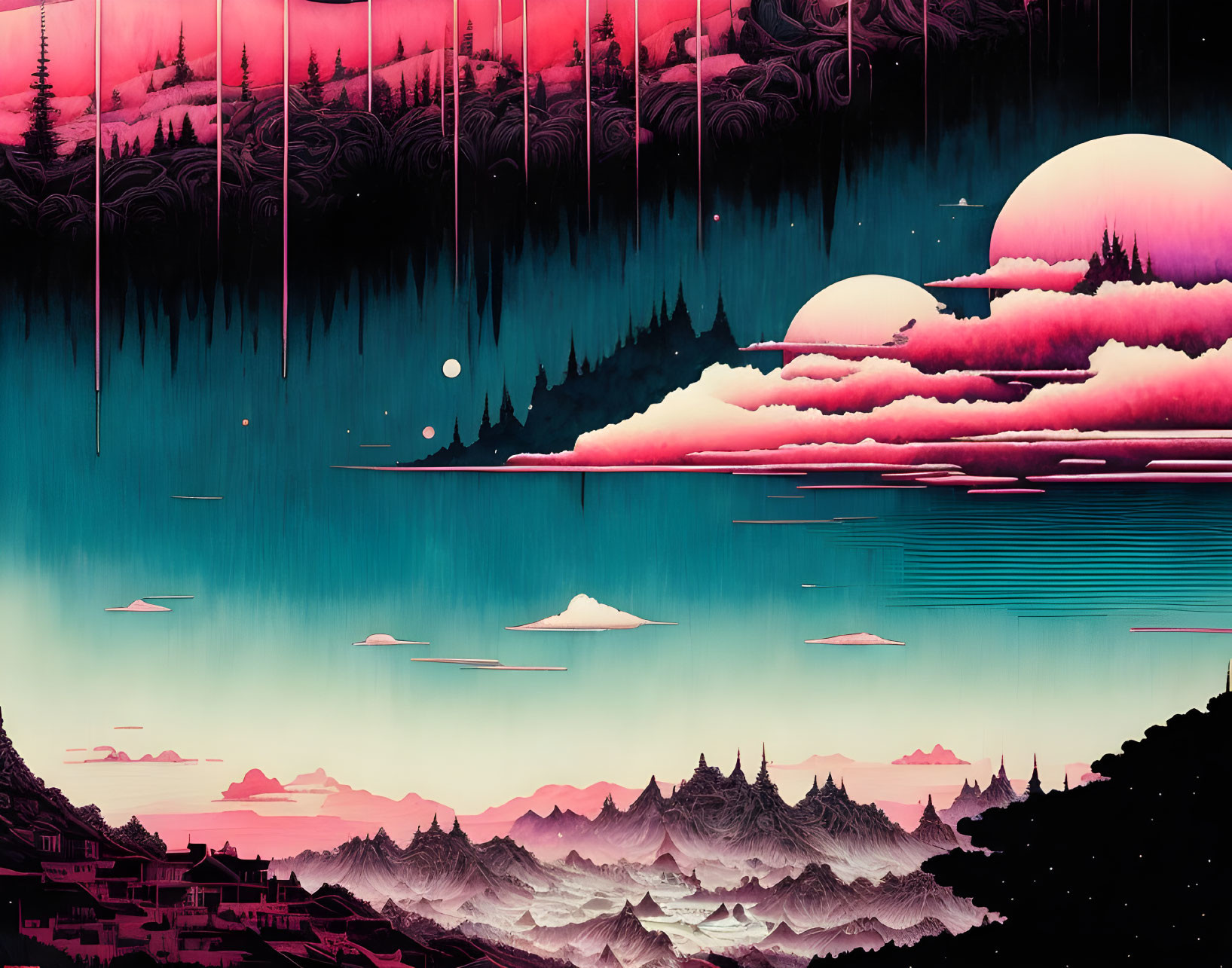 Surreal landscape with layered mountains, lakes, and pink skies