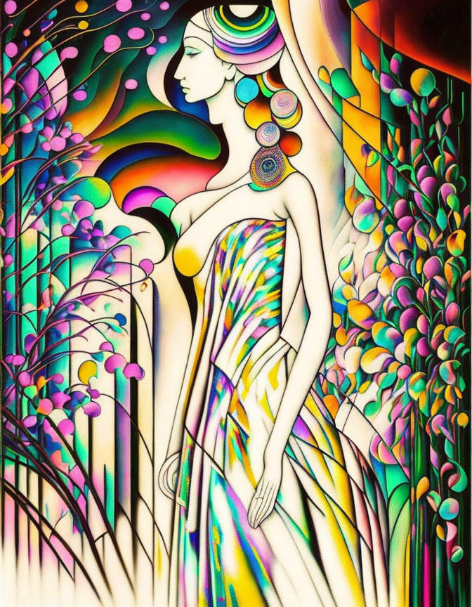 Colorful Abstract Art: Stylized Woman Surrounded by Flora