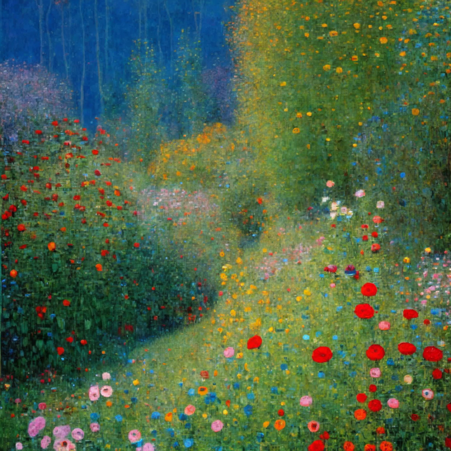 Vibrant impressionist painting of multicolored wildflowers in a forest landscape