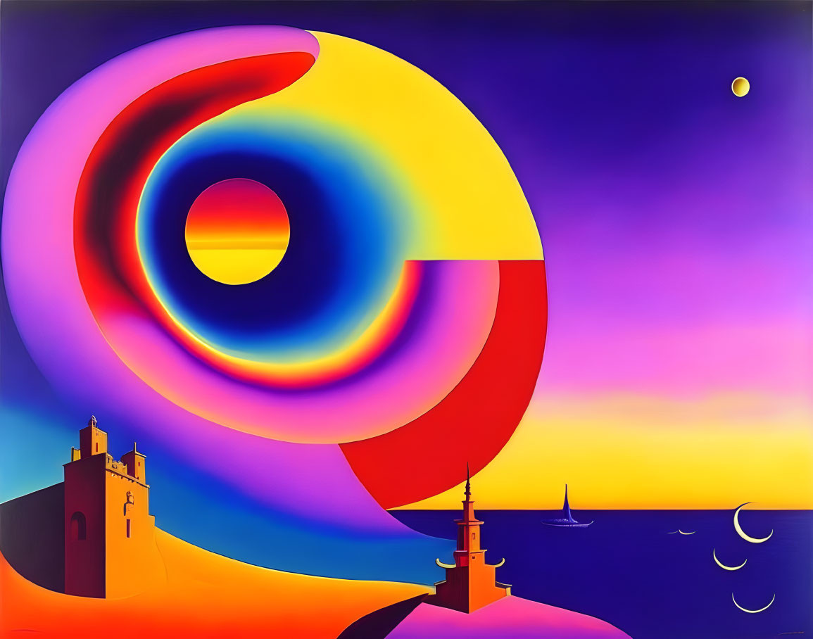 Vibrant abstract art: bold swirls, gradient sky, moon, boat, castle-like building