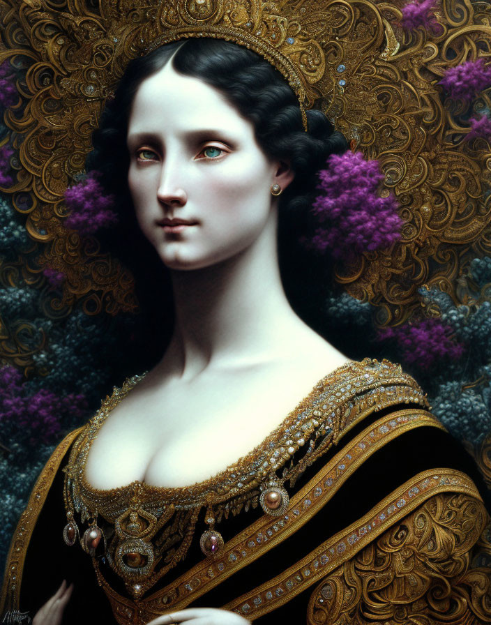 Detailed painting of woman with golden halo and ornate dress on dark background