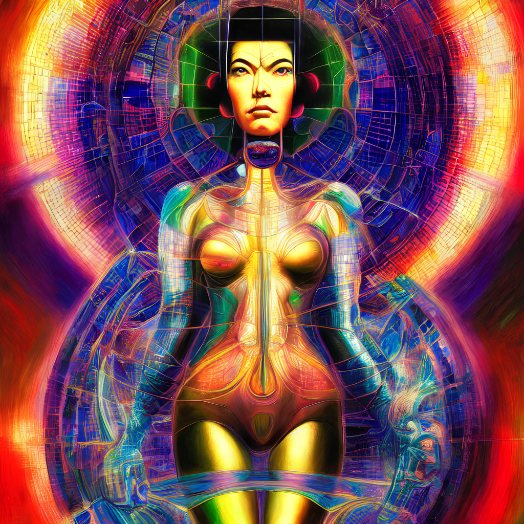 Colorful digital artwork: Female android with circuit halo