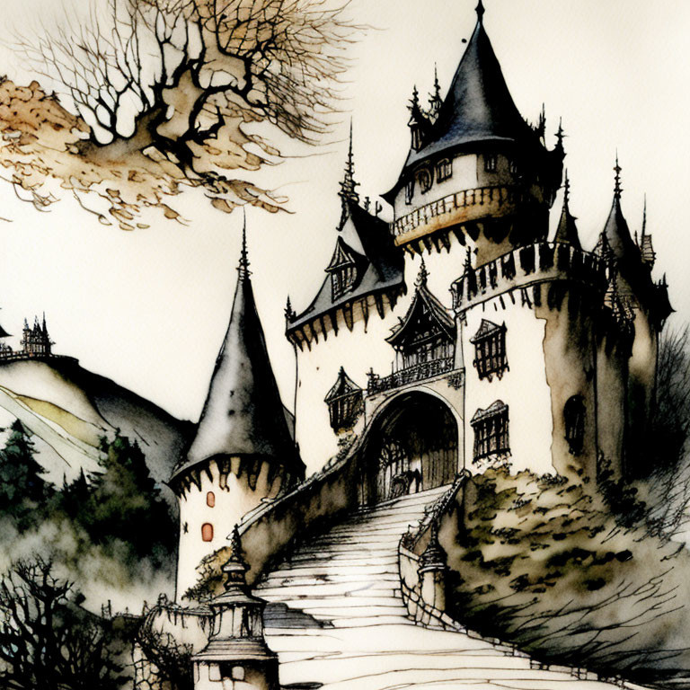 Medieval castle ink illustration with pointed towers on hill and stone bridge