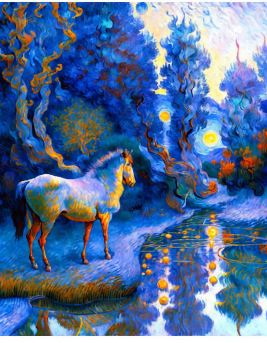 Vibrant horse painting by reflective water with swirling sky