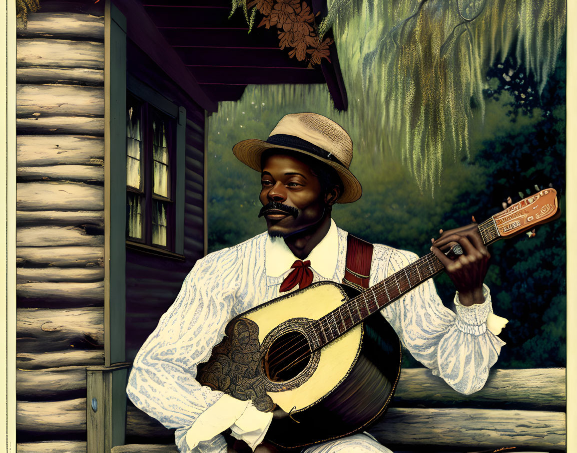 Man in White Hat Playing Guitar on Wooden Porch with Cabin Background