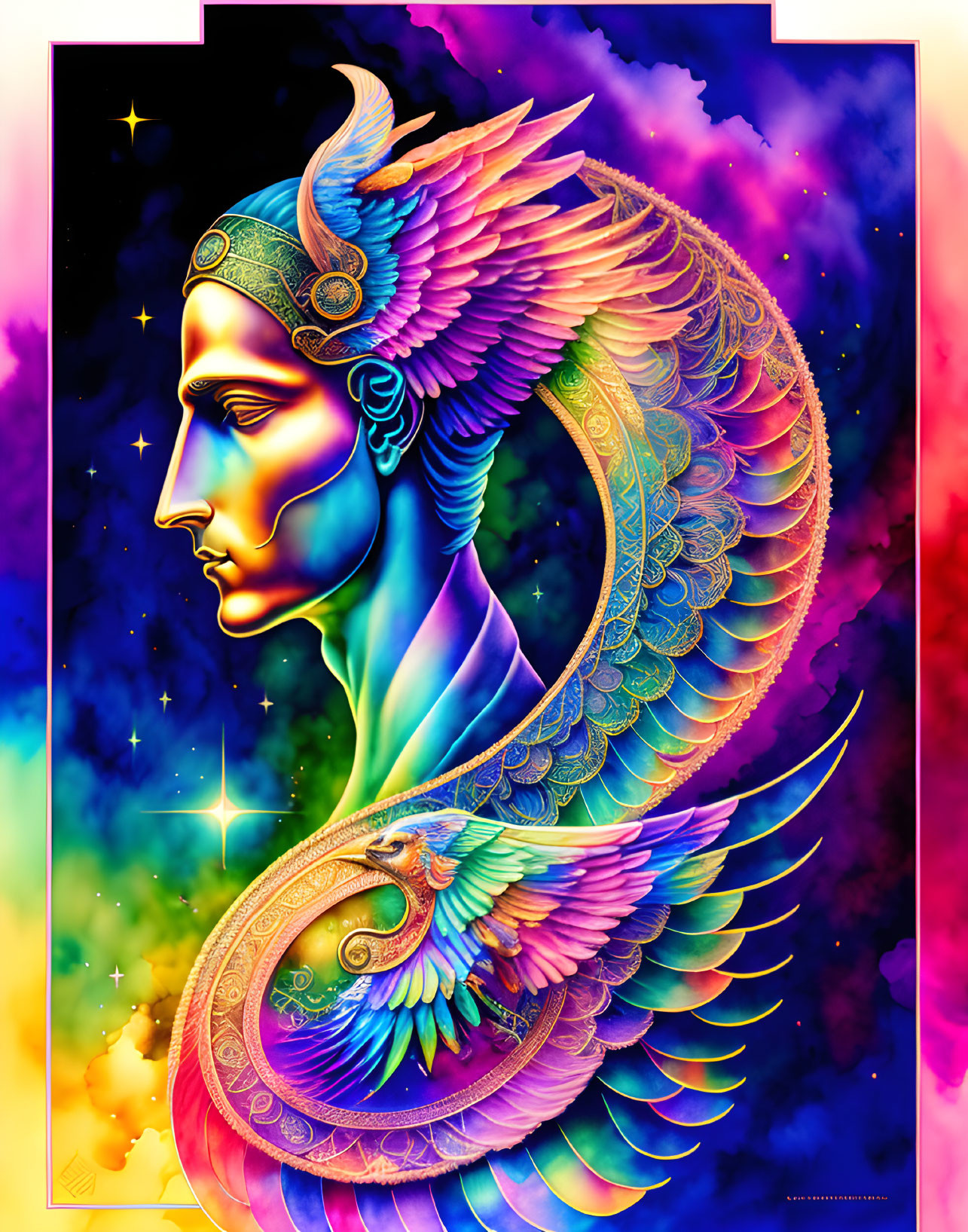 Colorful profile with winged helmet in cosmic setting