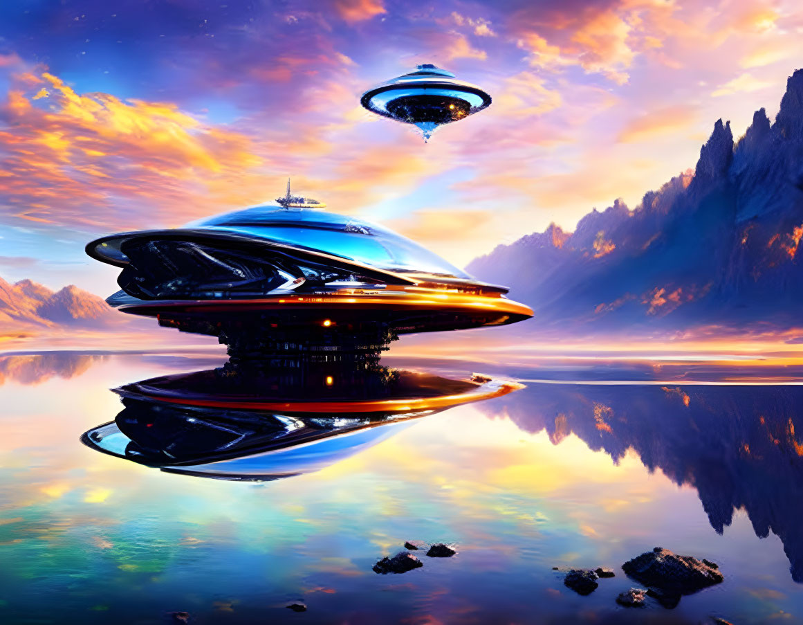 Futuristic UFOs Hovering over Reflective Lake at Sunset