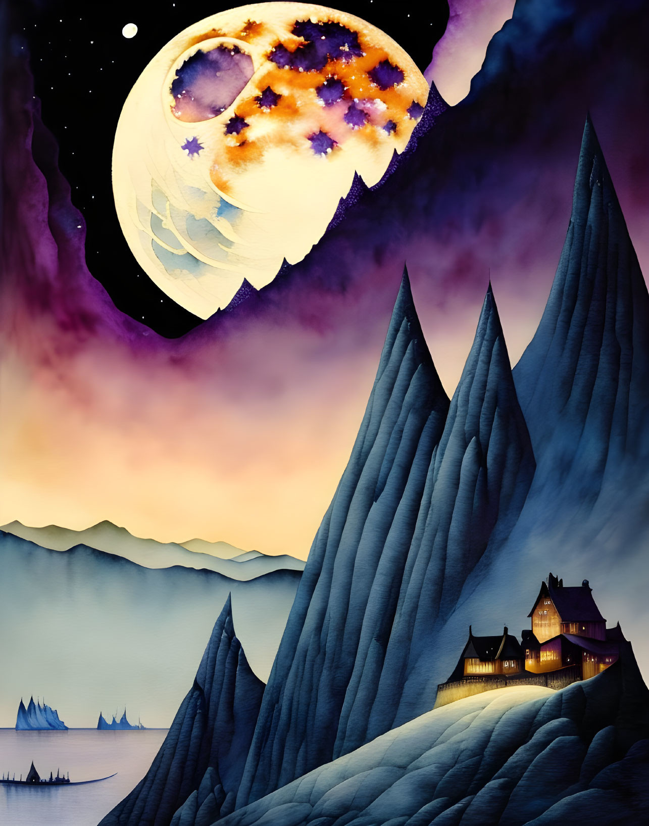 Fantasy night landscape with mountains, castle, moon, and twilight sky