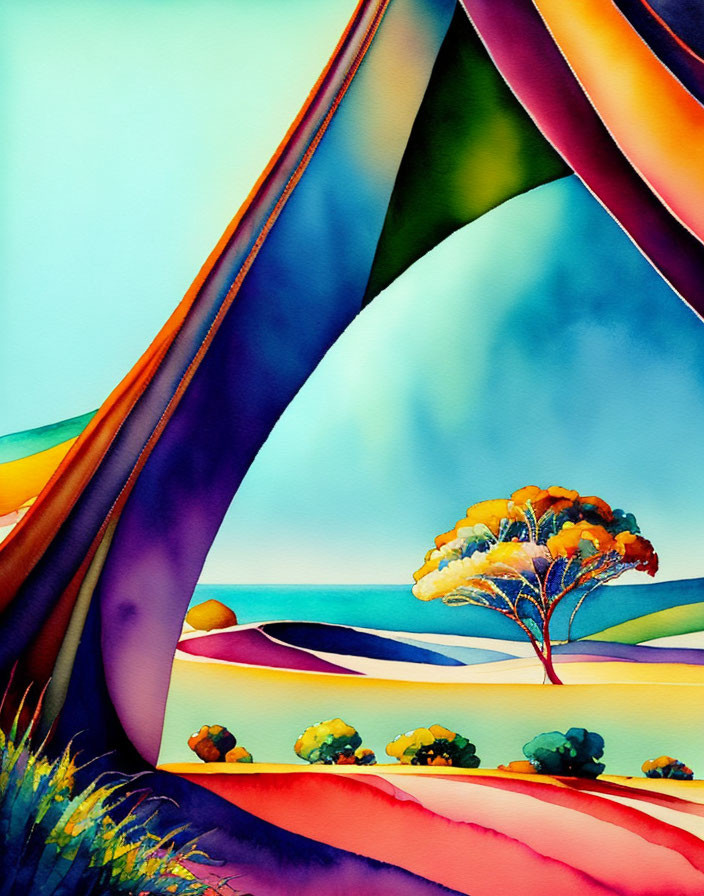 Colorful painting of lone tree in surreal landscape with fabric-like elements