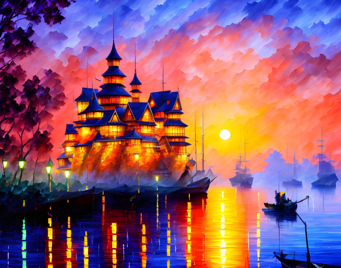 Digital artwork: Vibrant sunset harbor scene with traditional building, boats, and cloud-dappled sky