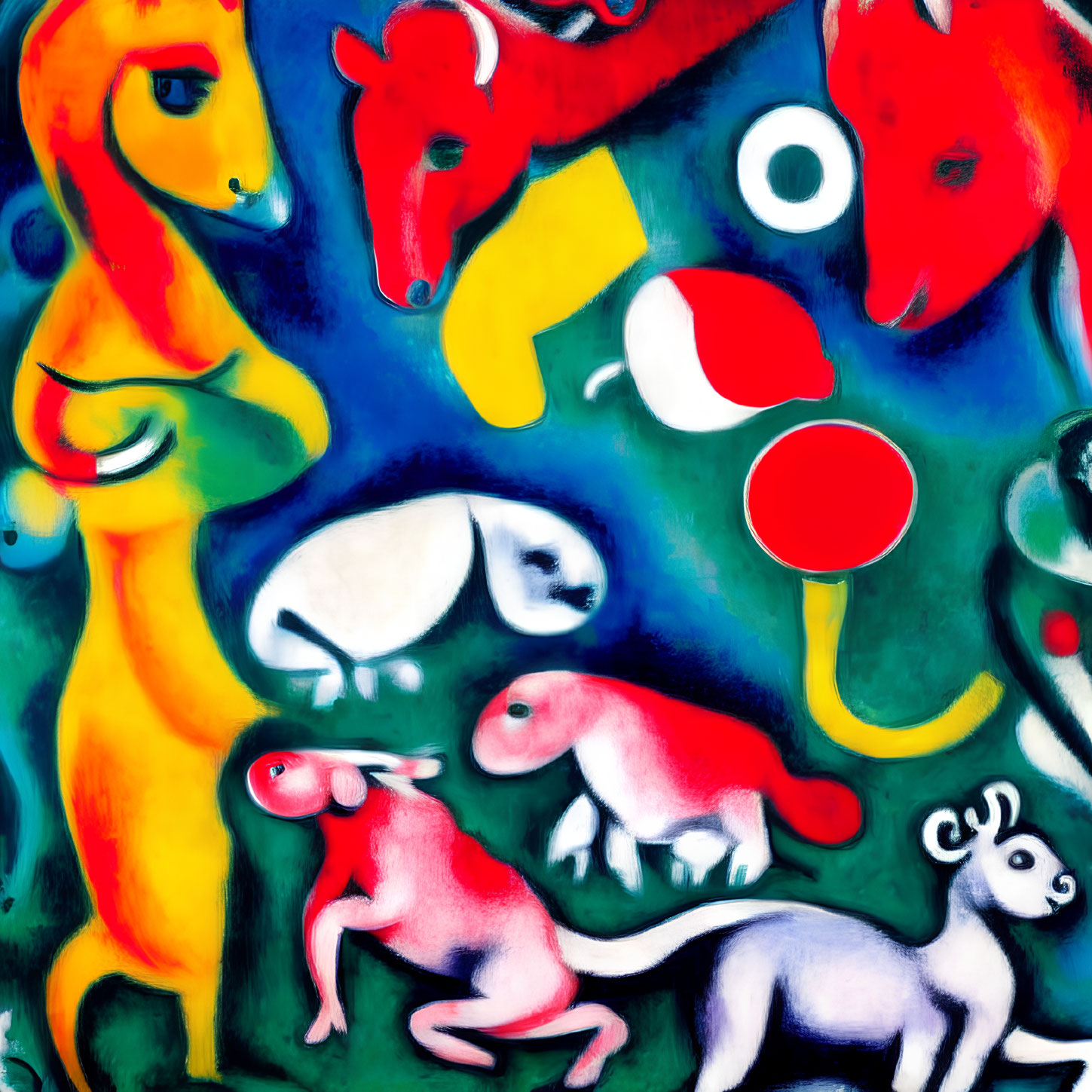 Colorful Abstract Painting with Animal-like Shapes and Organic Forms