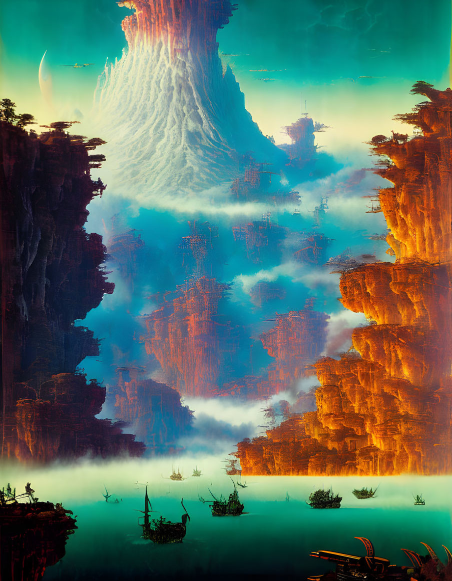 Misty waters and towering rock formations in a fantastical landscape