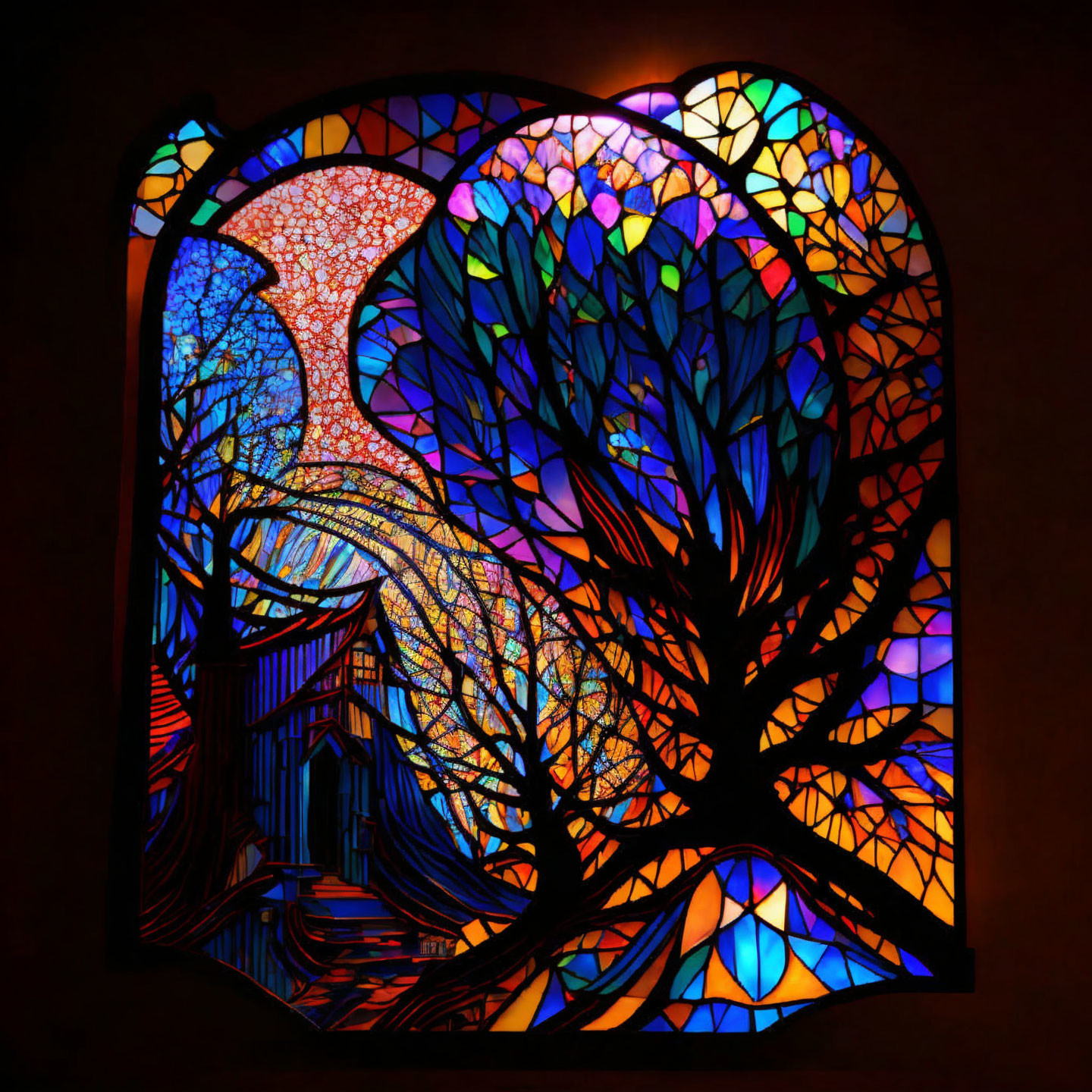 Colorful Tree Stained Glass Window Against Luminous Sky