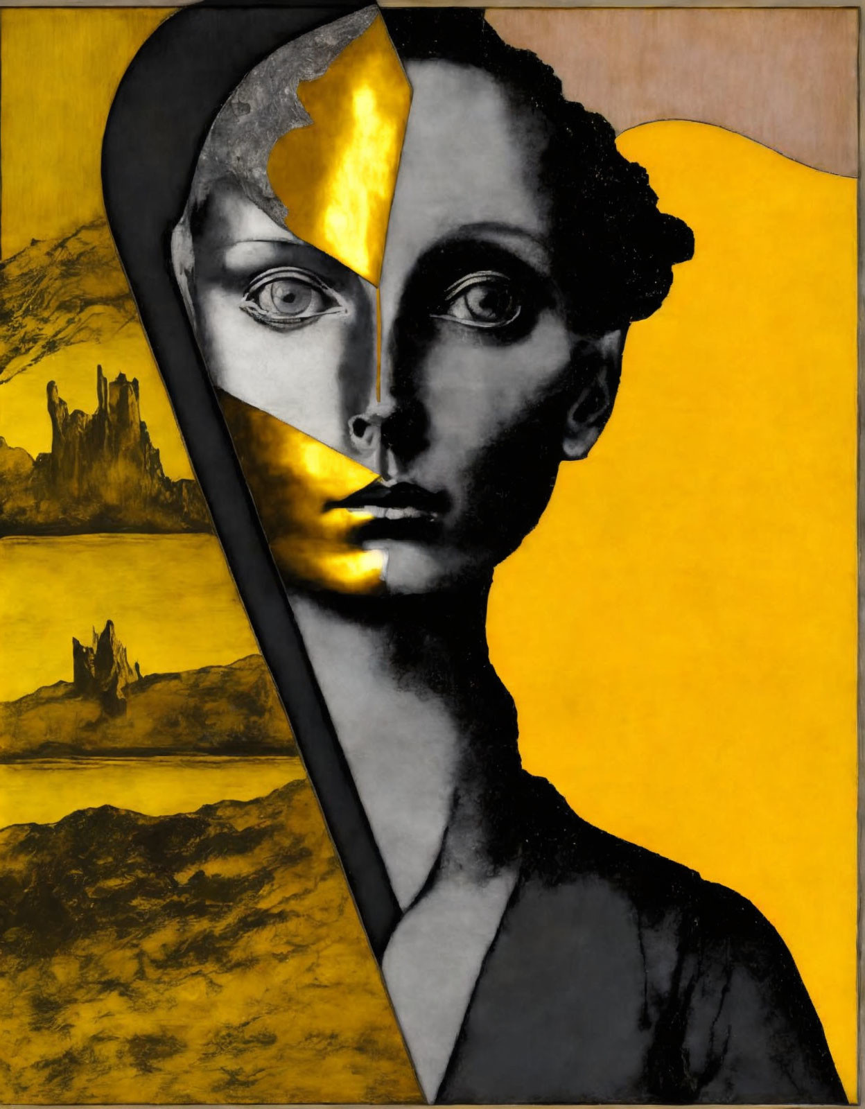 Split-face artwork: Black-and-white female portrait meets golden landscape with stormy sky and rock formations.