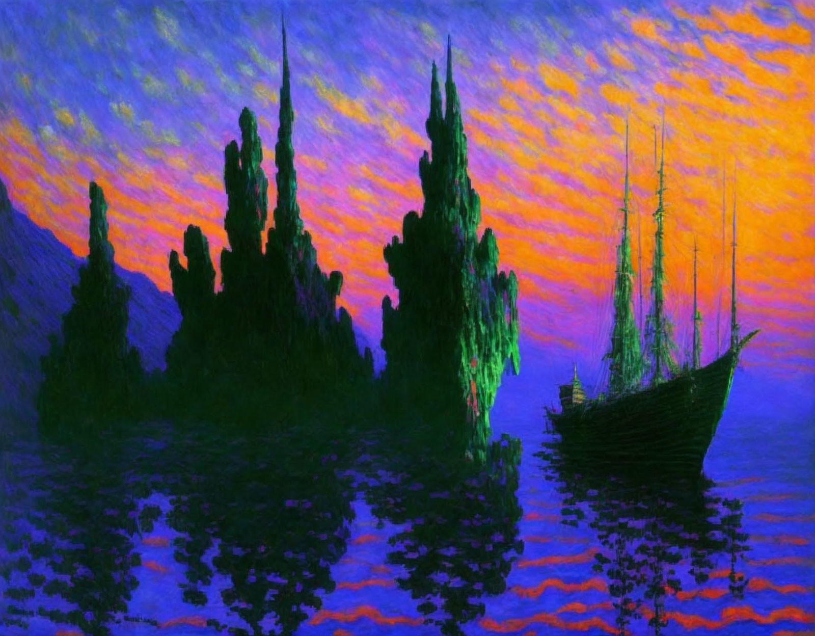 Colorful sunset painting of sailing ship near island