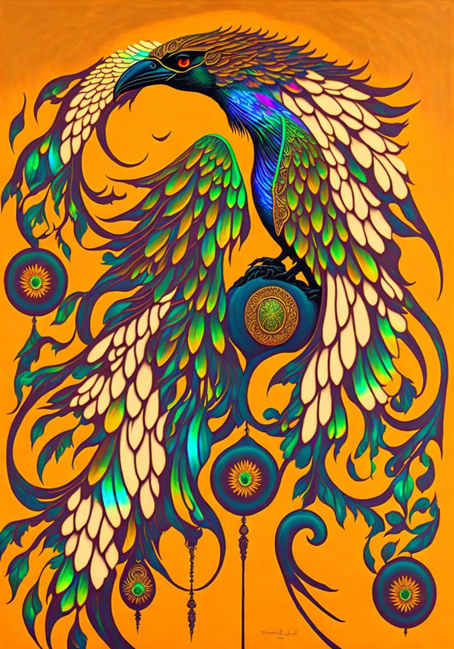 Colorful stylized peacock art on orange background