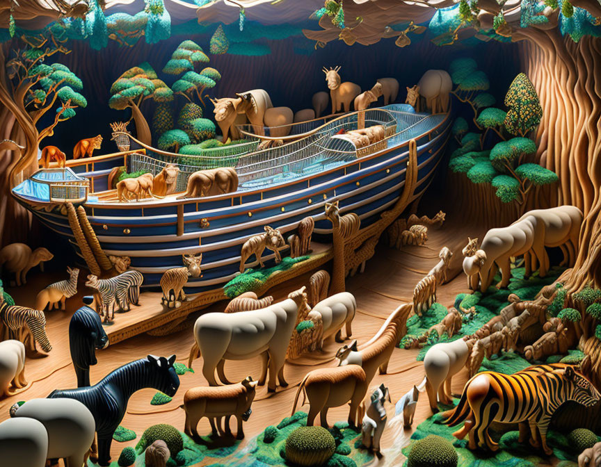 Detailed Wood Carving of Noah's Ark with Animals in Forest Setting