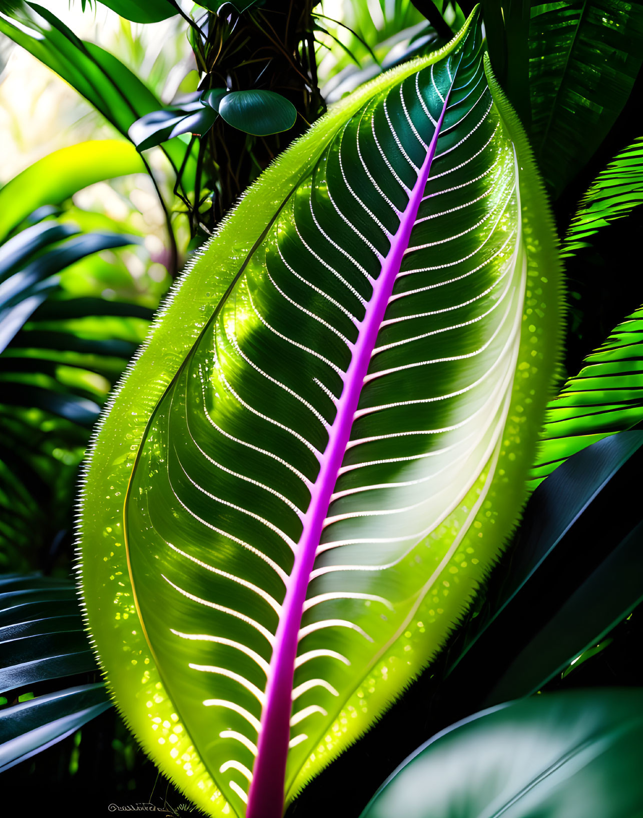 Vibrant green leaf with pink vein and sunlight backlighting.