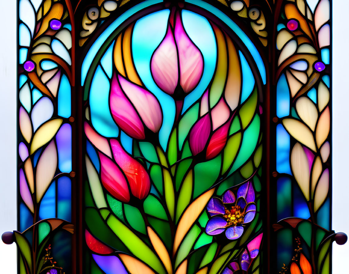 Colorful tulip stained glass window with intricate lead lining and gradient sky background