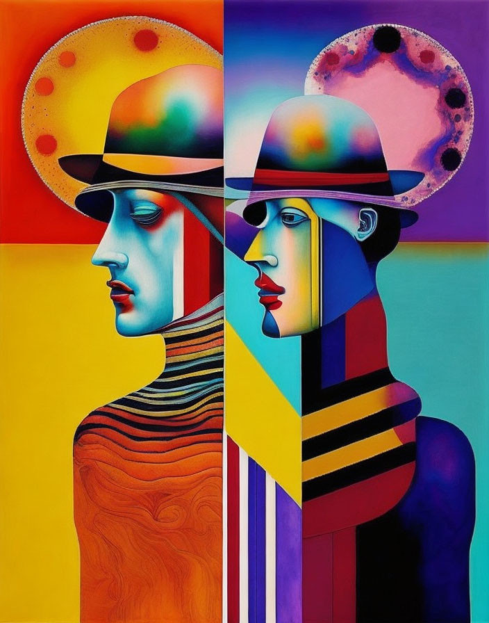 Vibrant surrealist painting with elongated faces and stylish hats