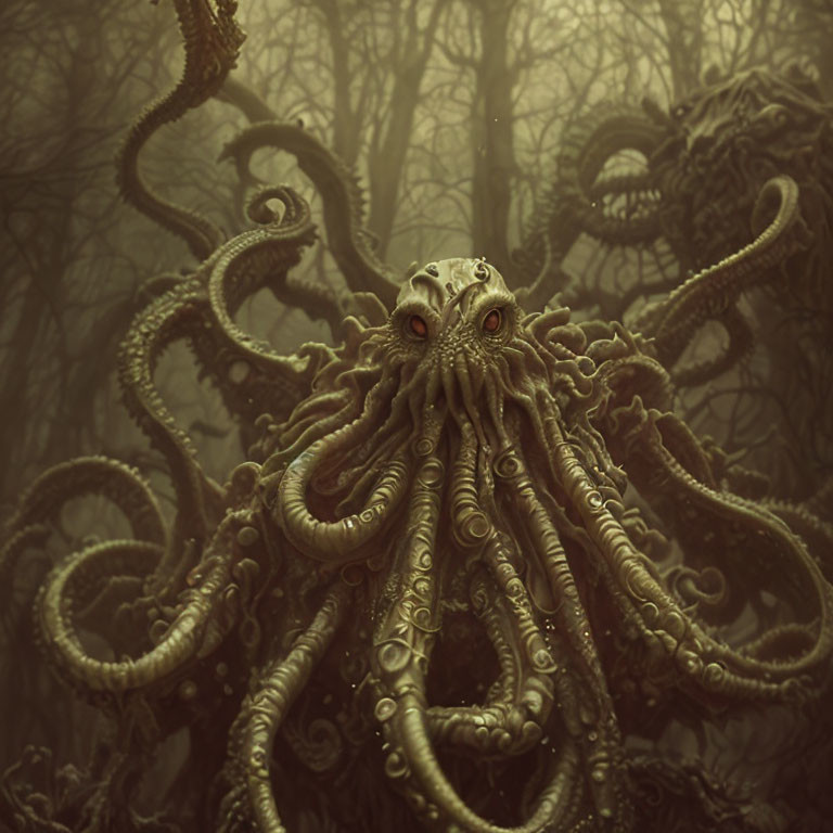 Sinister octopus-like creature with red eyes and twisting tentacles in murky forest.