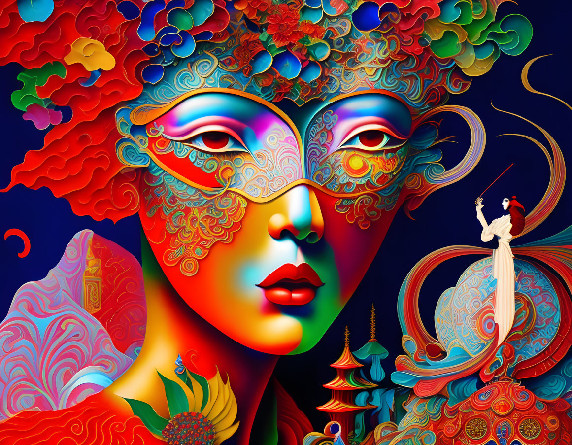 Colorful Illustration: Masquerade Mask Face & Traditional Attire Woman in Fantasy Landscape