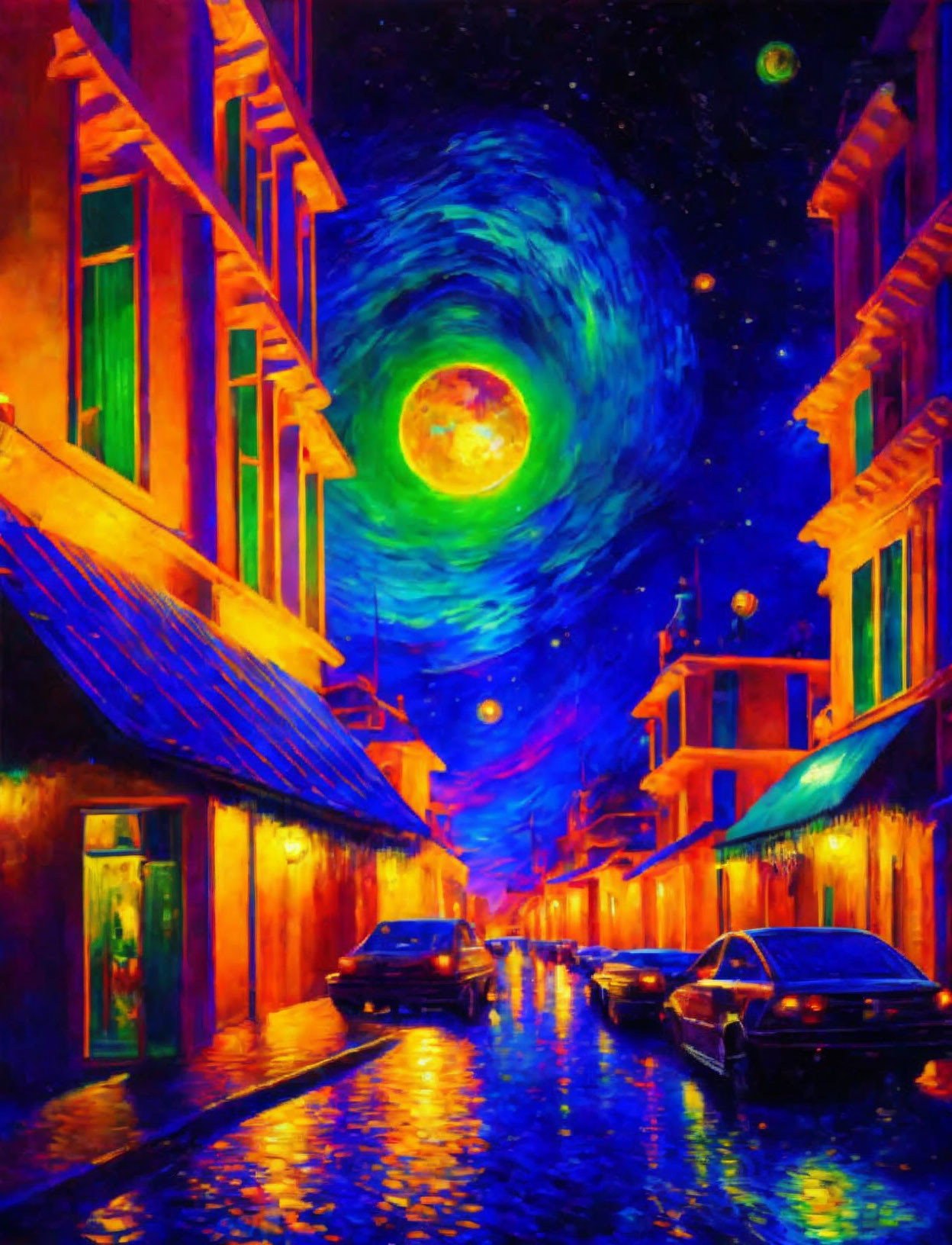 Impressionistic street night painting with luminous moon and starry sky