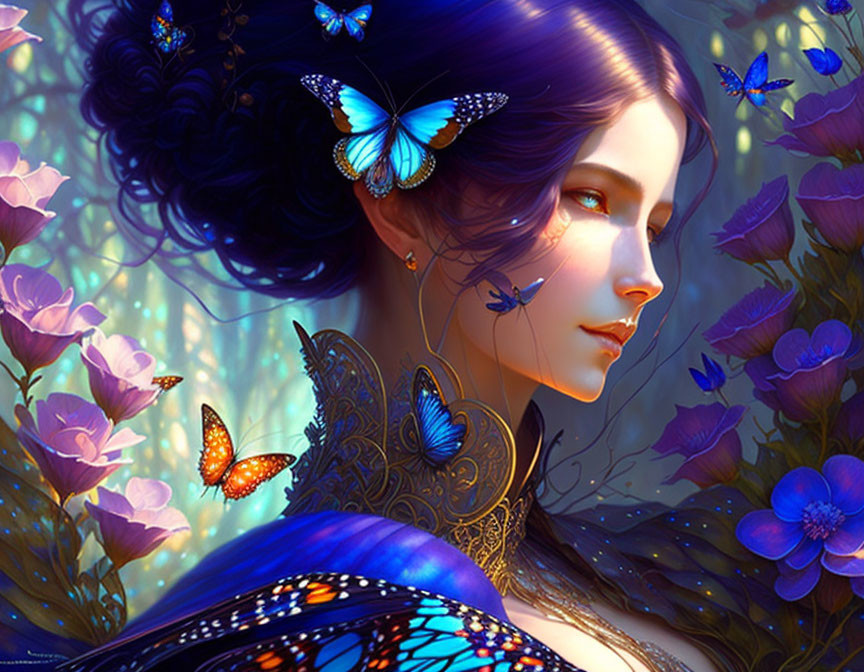 Illustration of woman with butterflies and blue flowers in vibrant colors