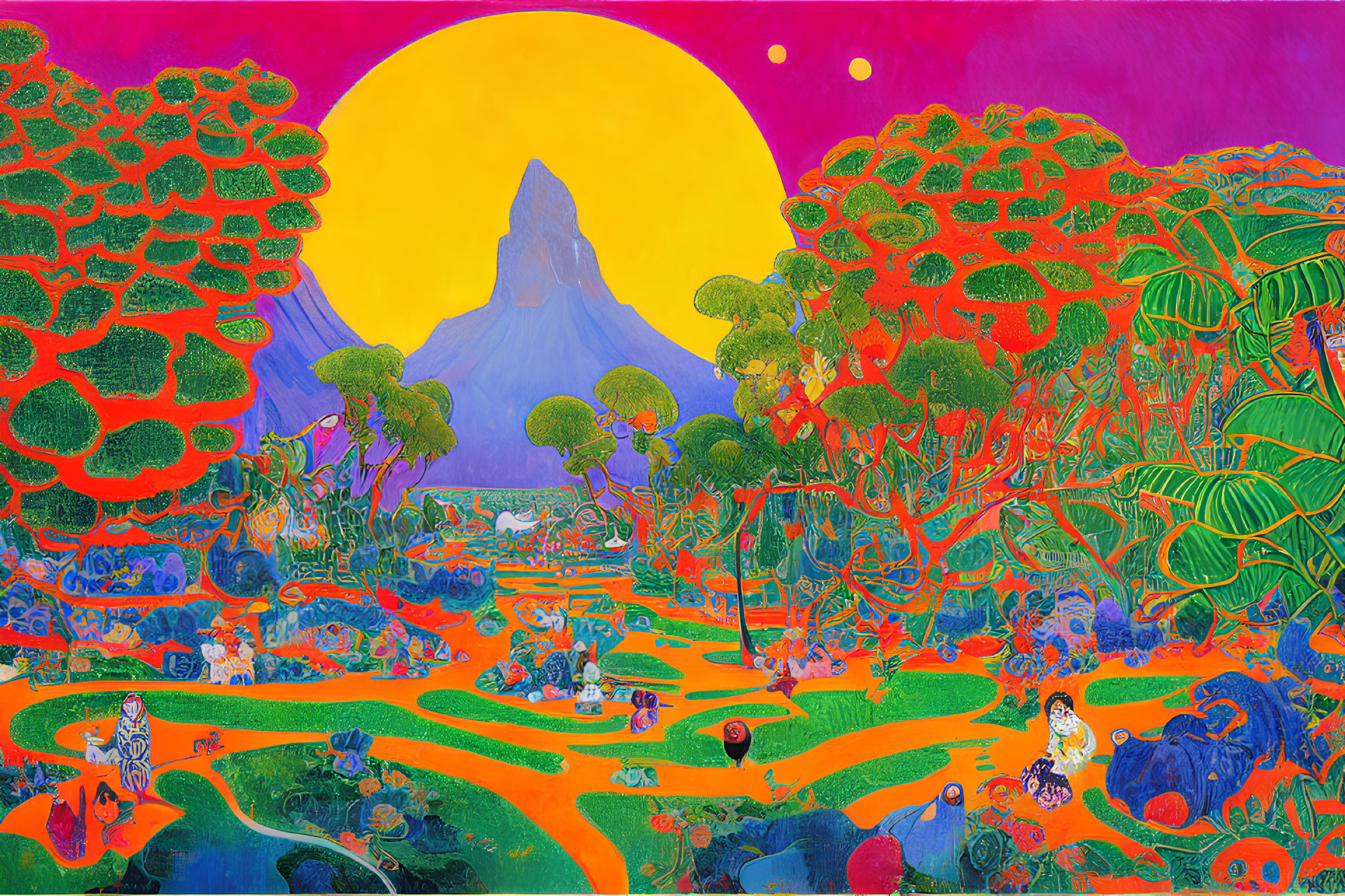 Colorful Landscape Painting with Yellow Sun, Trees, Mountain, and People