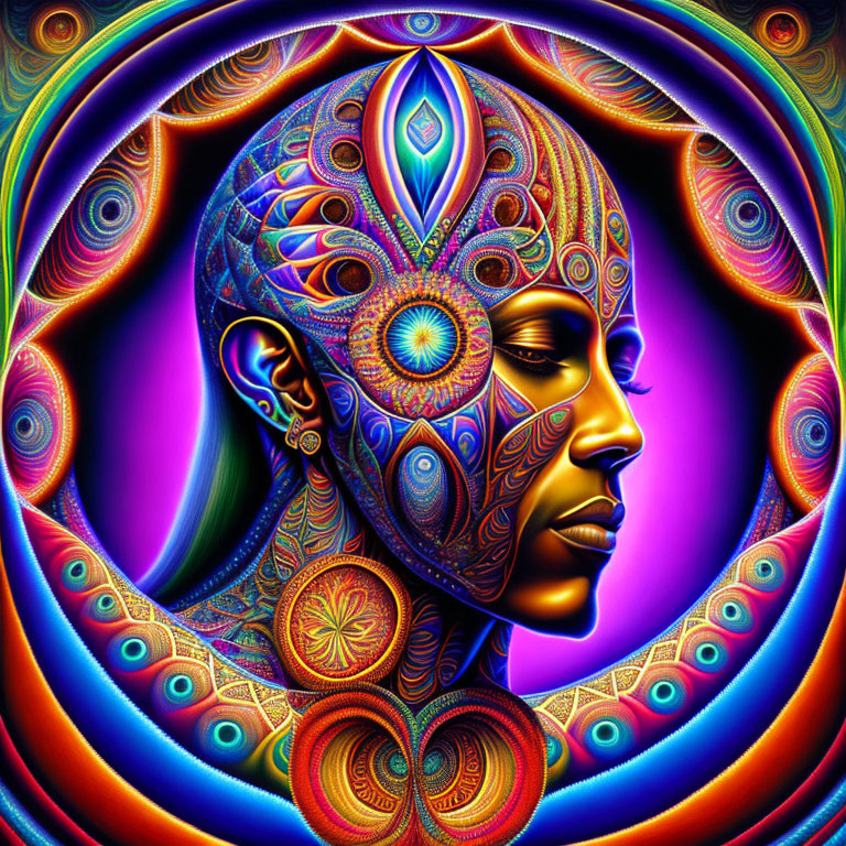 Colorful Psychedelic Human Head Profile Artwork in Circular Frame