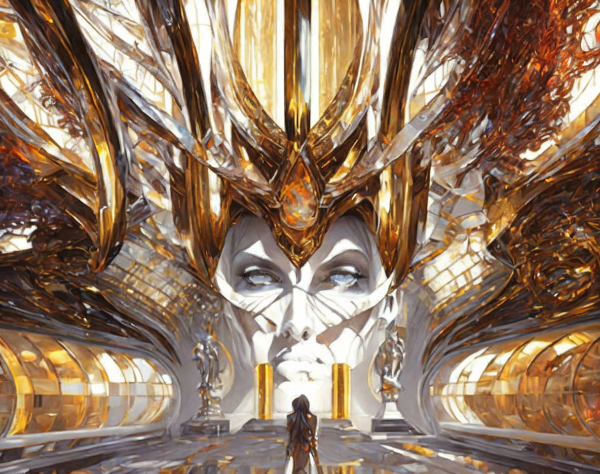 Person in futuristic hall with golden and bronze structures.