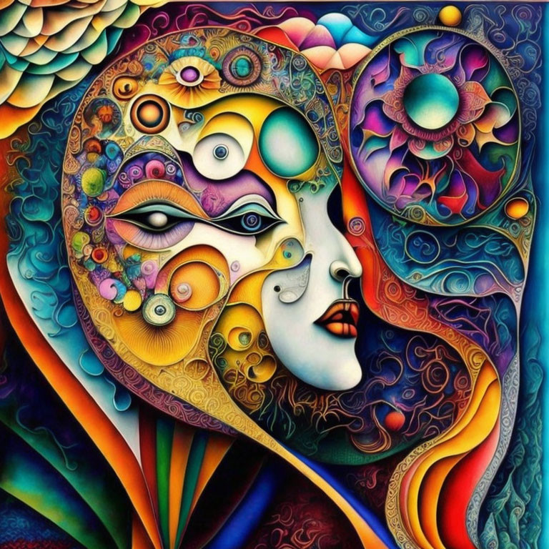 Colorful Abstract Artwork: Stylized Face with Multiple Eyes and Swirls