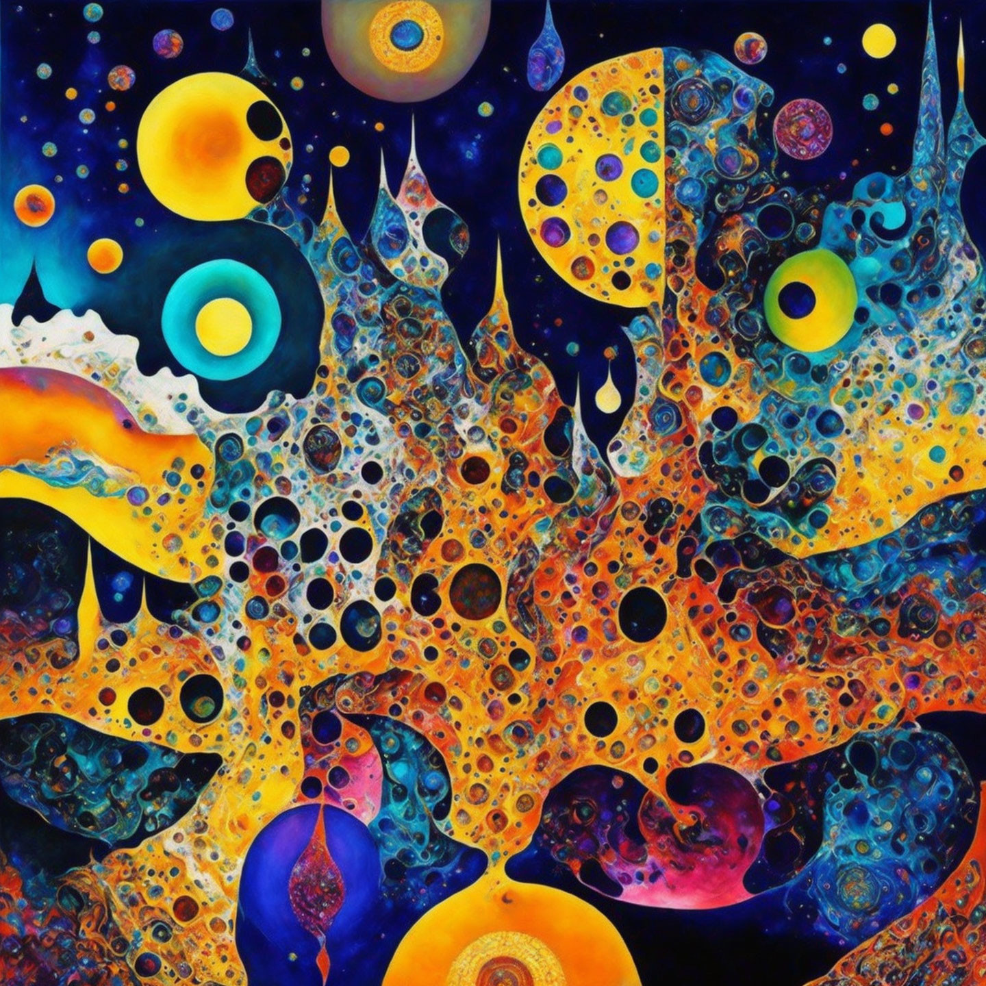 Colorful Abstract Painting with Swirling Cosmic Patterns