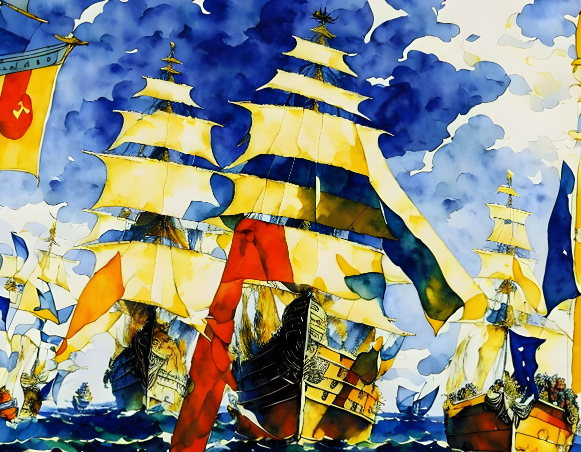 Historic naval battle scene in vibrant watercolor