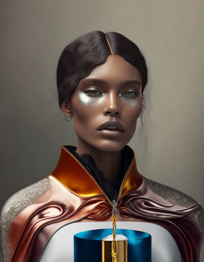 Stylized portrait of woman with glossy skin and silver eyeshadow