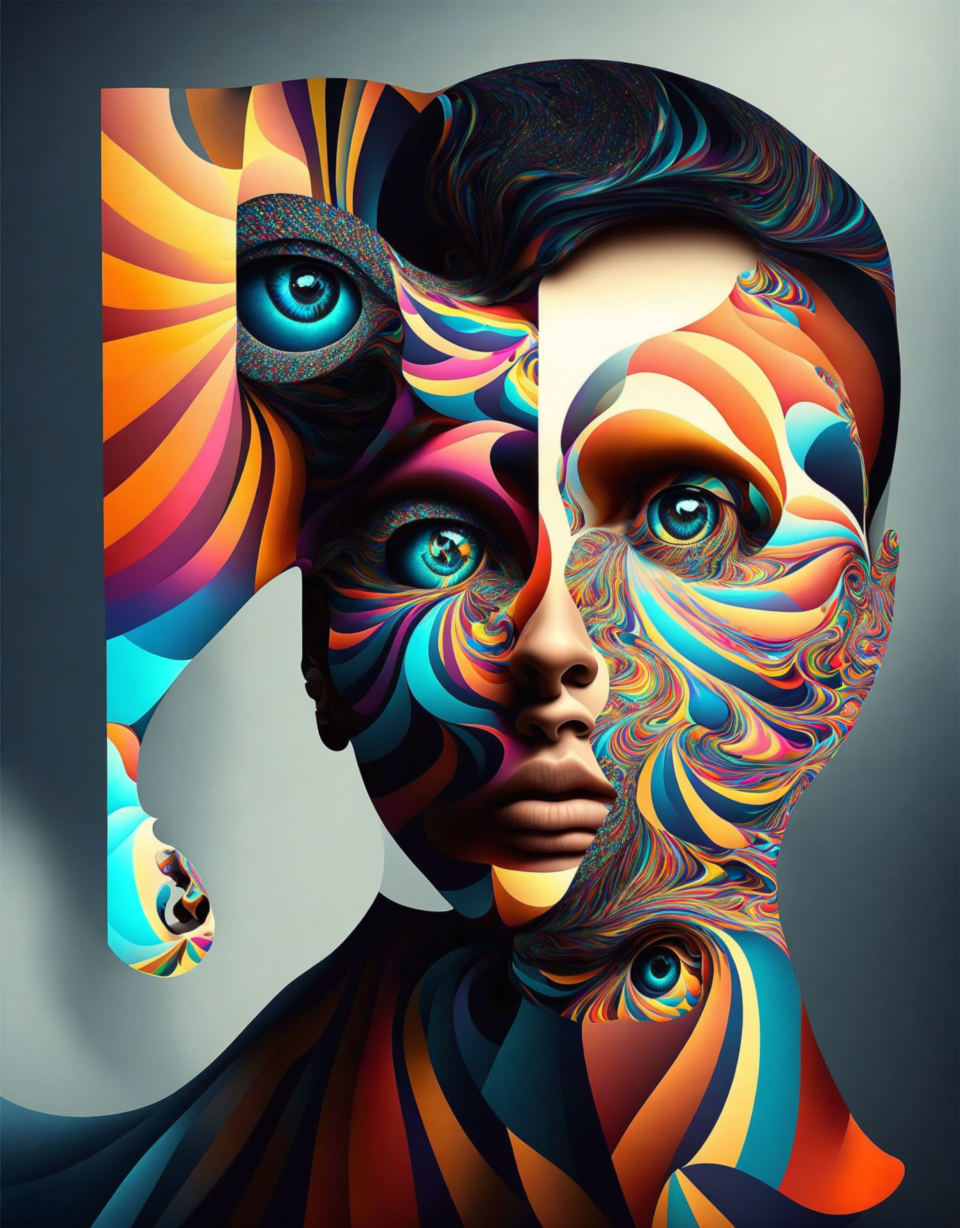 Vibrant surreal portrait with swirling patterns and multiple faces on split background