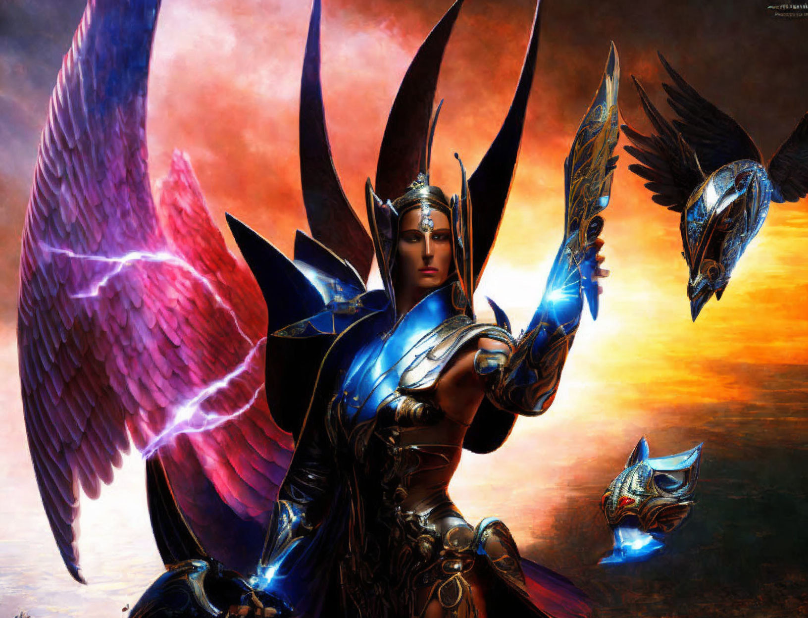 Fantasy female warrior digital artwork with blue armor and wings