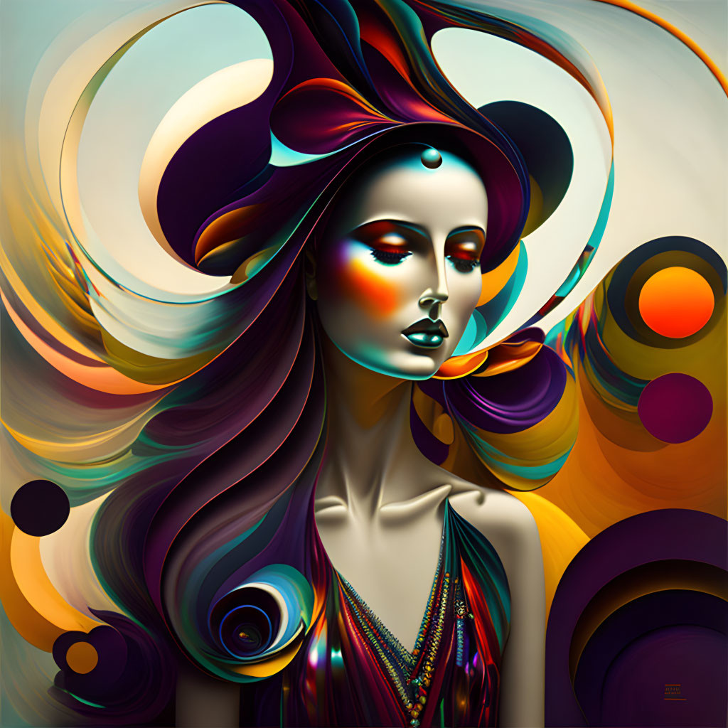 Colorful digital artwork of stylized woman with multicolored hair