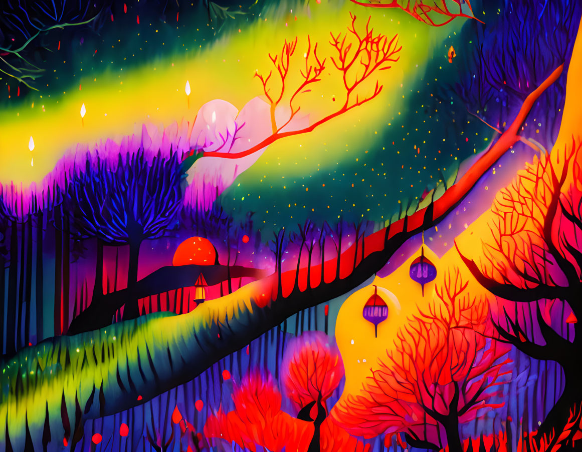 Colorful Landscape with Silhouetted Trees, Starry Sky, and Glowing Pathway