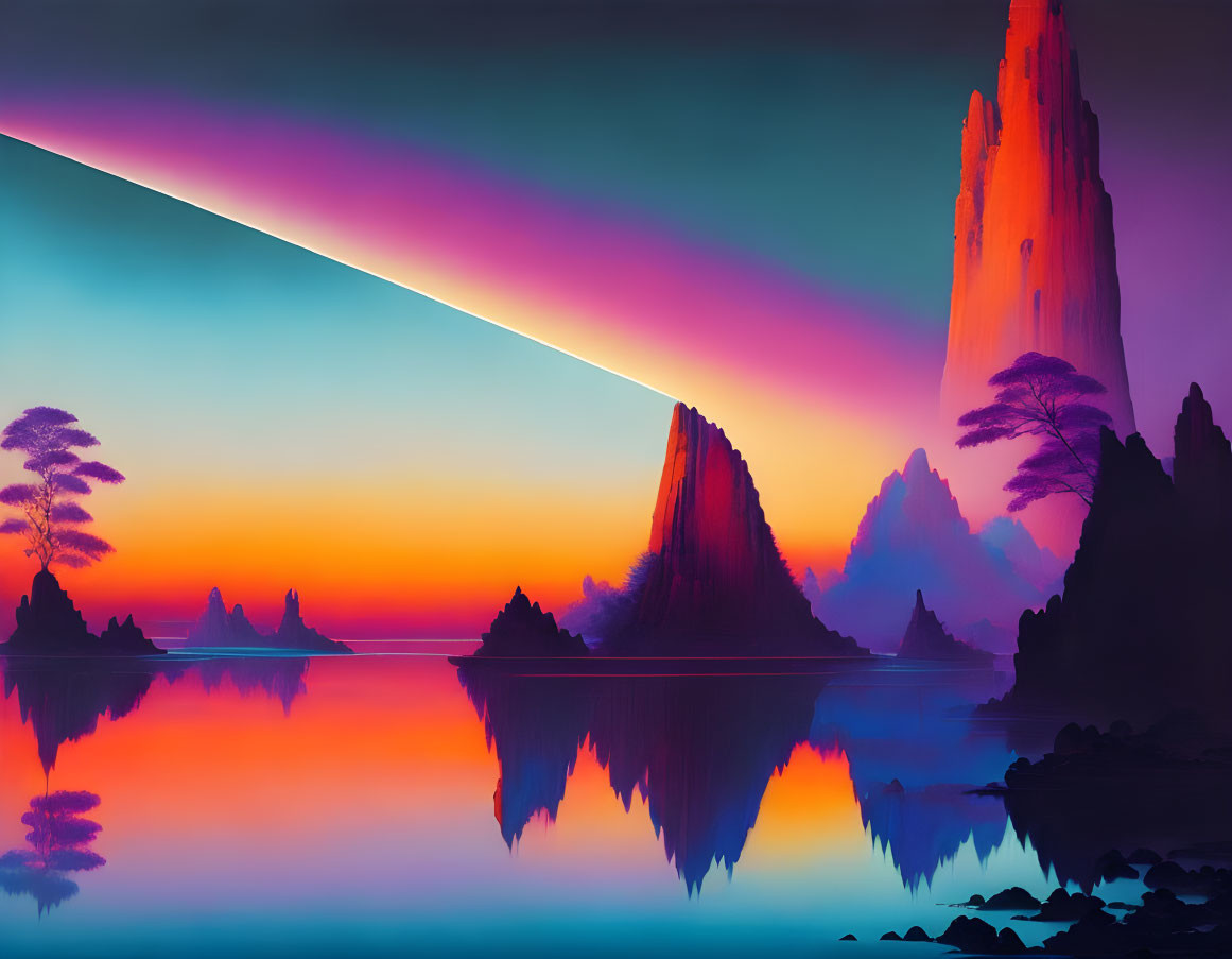 Fantasy landscape with rock spires, reflective lake, pink to blue sky