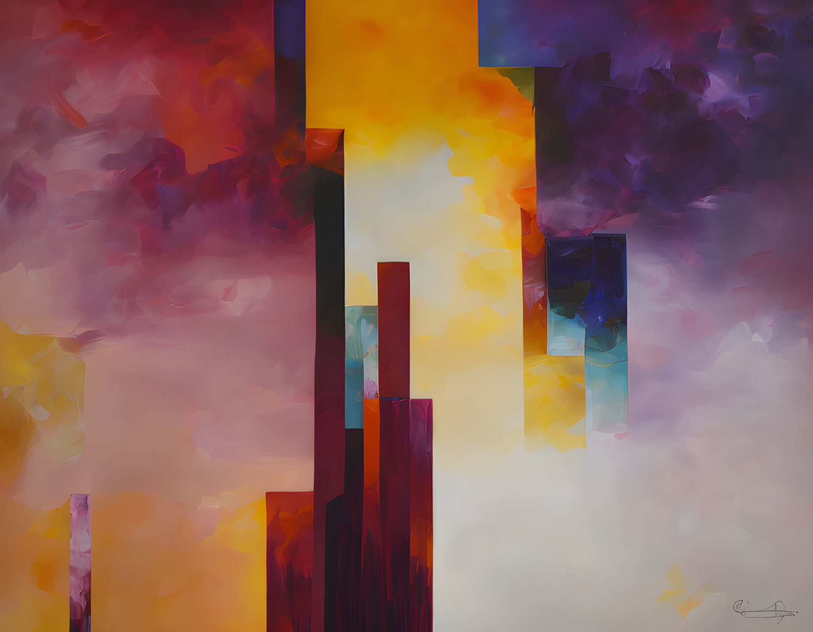 Colorful Abstract Art Featuring Red, Yellow, Purple Hues and Cityscape Elements