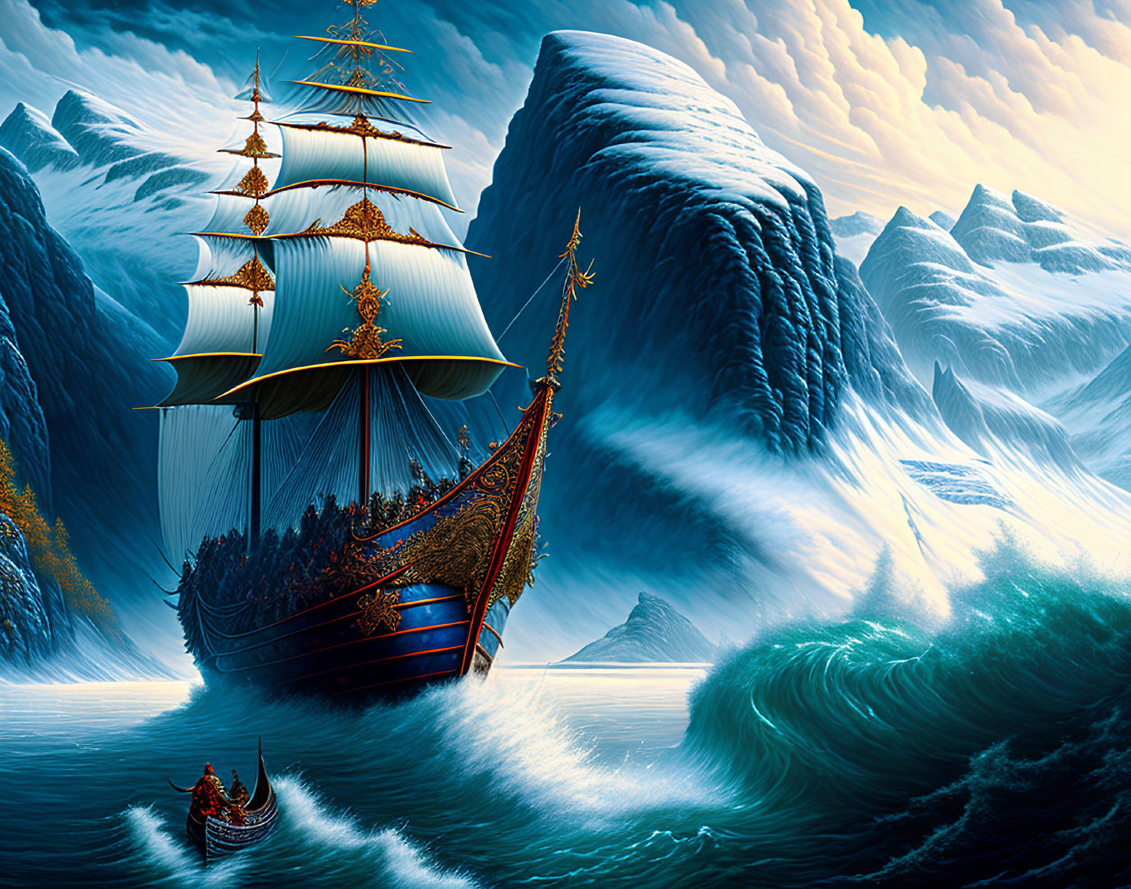 Golden-accented ship navigating turbulent seas near icy cliffs under dramatic sky