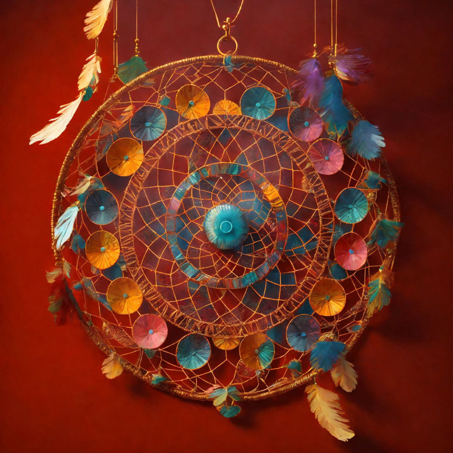 Colorful Dreamcatcher with Intricate Patterns and Feathers on Rich Red Background