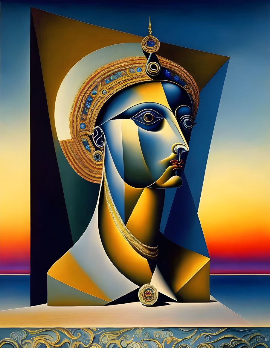 Cubist-style portrait of female figure with geometric shapes and vibrant colors on ocean sunset backdrop