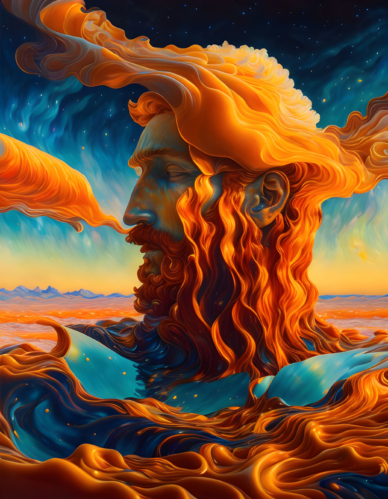 Bearded figure with fiery hair in surreal landscape