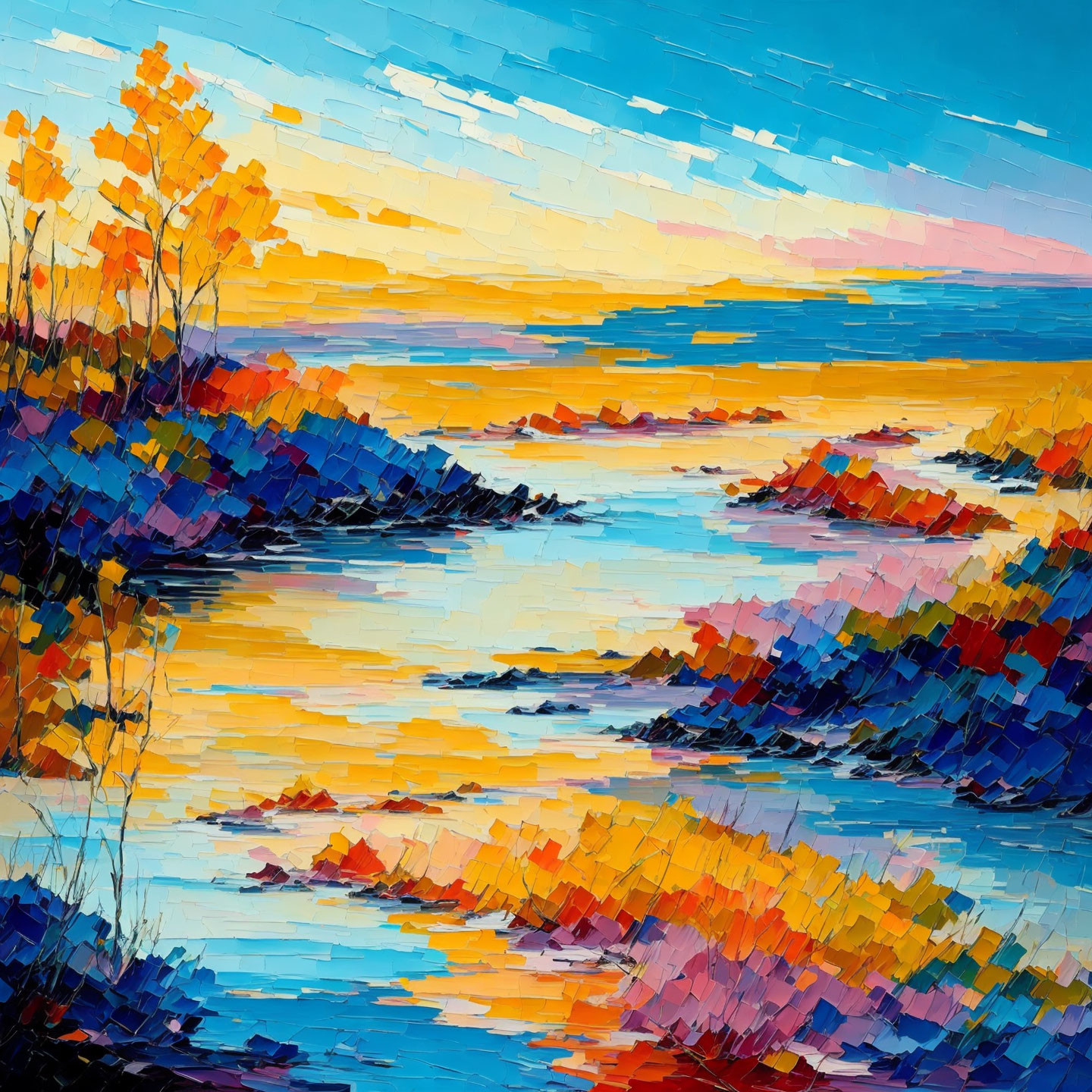 Vivid Sunset Seaside Landscape Painting with Colorful Textures